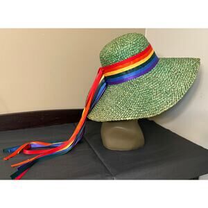Vintage Green Christina NYC Straw Hat with Thick Rainbow Band & Ribbons